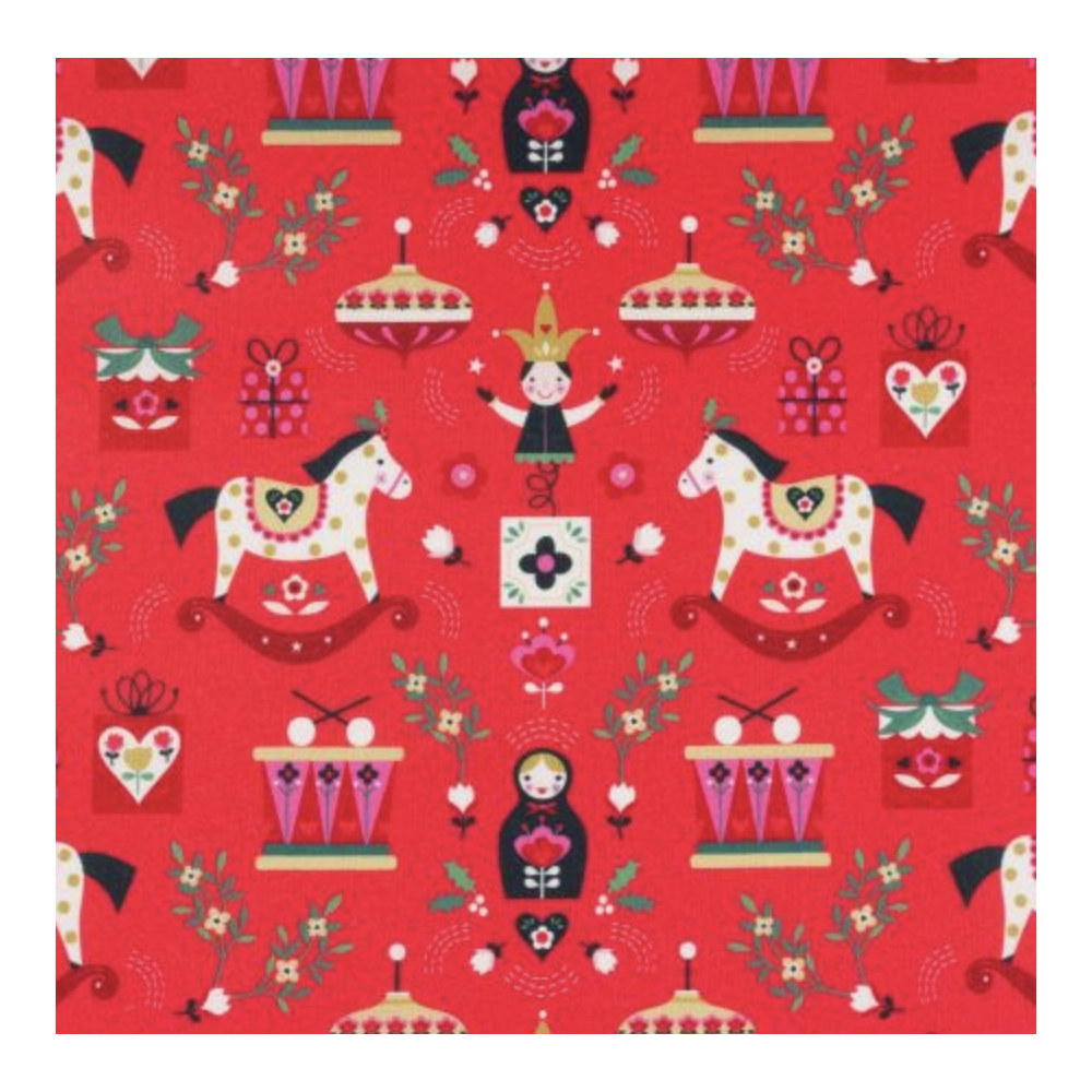 Tissu Dashwood coton nordic Noël - jouet fond rouge