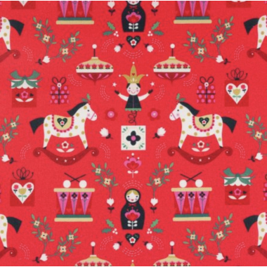 Tissu Dashwood coton nordic Noël - jouet fond rouge