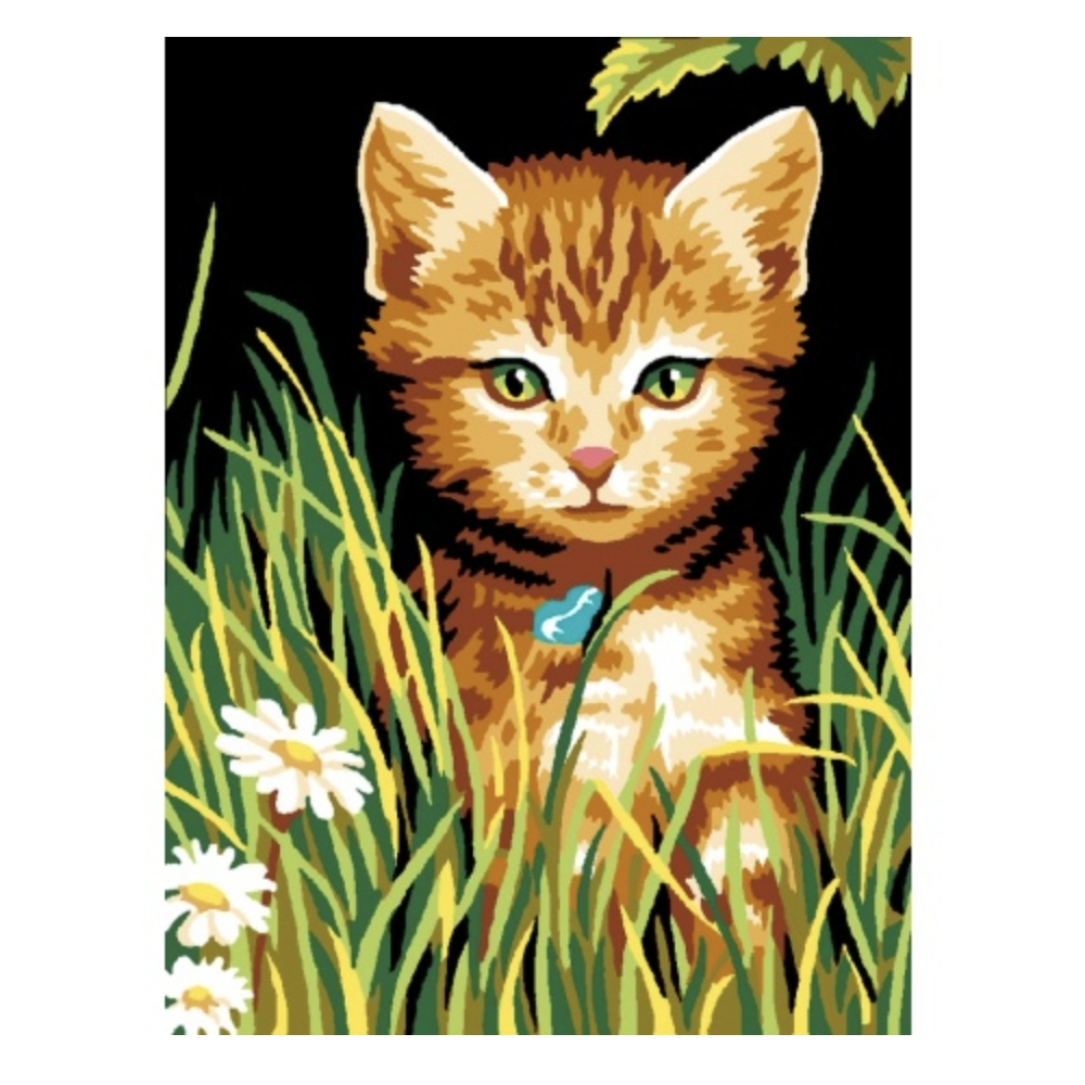 Kit canevas blanc 25/30cm - Le chat dans l'herbe Kit canevas blanc 25/30cm - Le chat dans l'herbe