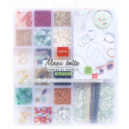 MAXI BOÎTE MATCHA - 20 COMPARTIMENTS PERLES & APPRÊTS POUR CRÉATION DE BIJOUX