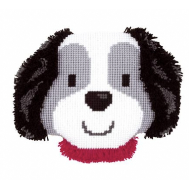 Coussin tête de chien au point de croix et point noué